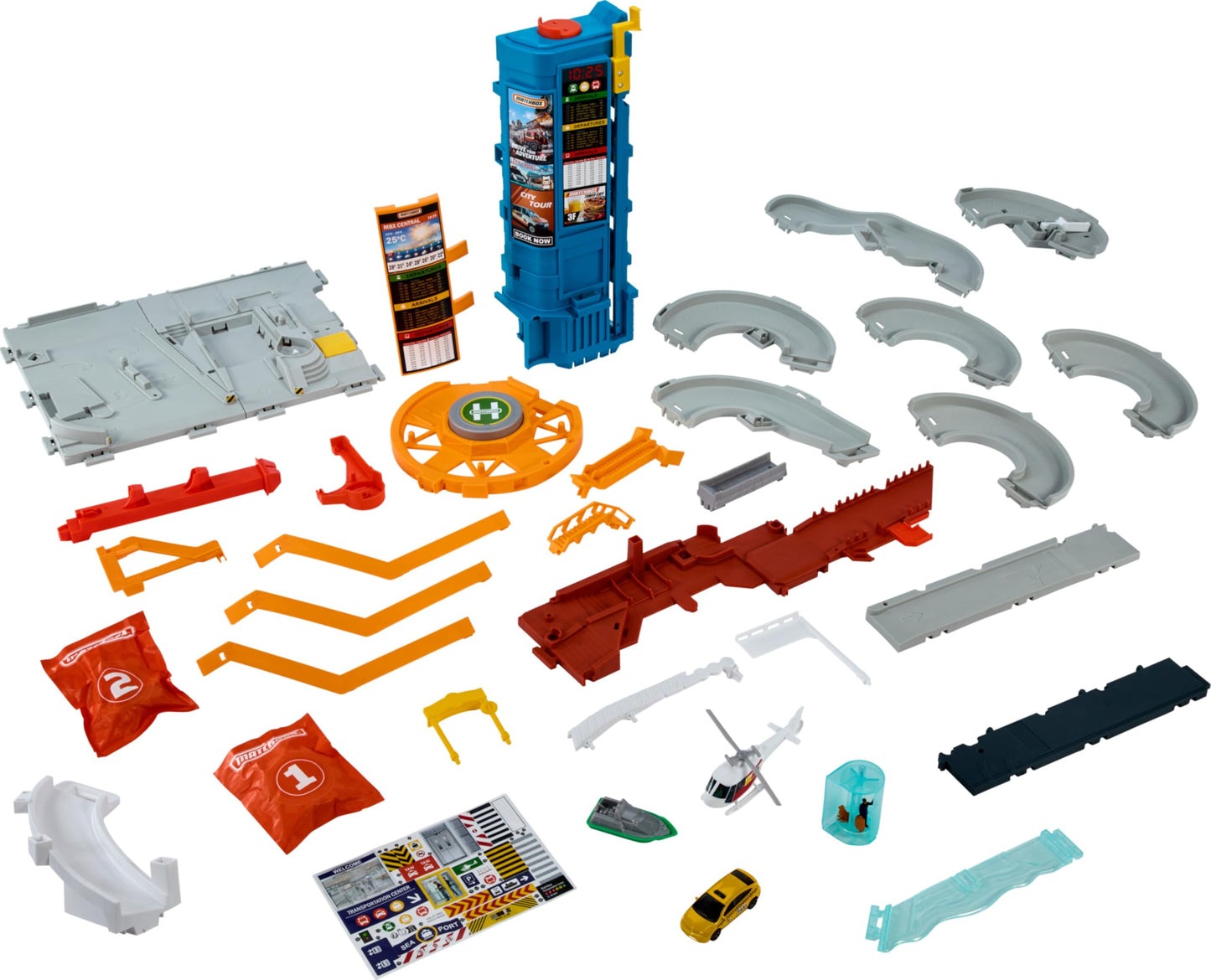 Matchbox 5-Level Transportation Center Playset with Car-Activated Features, Includes 1:64 Taxi, Boat, Helicopter & Food Vendor, Kids Toy Vehicles