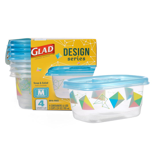 Glad GladWare Design Series Food Storage Containers - Medium Rectangle - Meal Container Holds up to 24 Ounces of Food - Lock Tight Seal, 4 Count