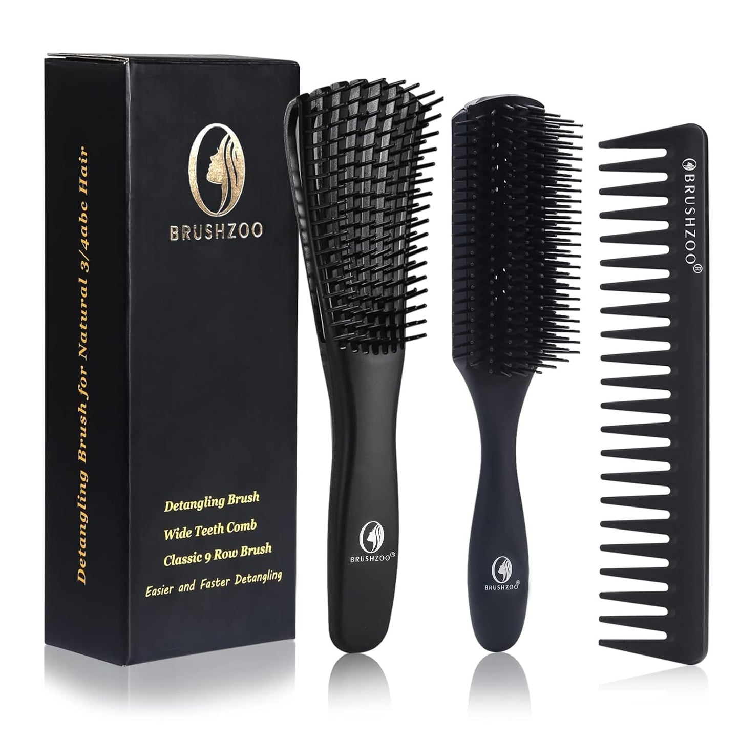 BRUSHZOO Hair Brush Set, Detangler Brush for Women Men Kid Detangling Styling Massaging, Curly Hair Brush for 3/4abc Wet Dry Hair (Black)
