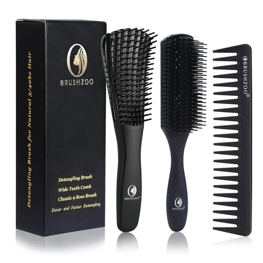 BRUSHZOO Hair Brush Set, Detangler Brush for Women Men Kid Detangling Styling Massaging, Curly Hair Brush for 3/4abc Wet Dry Hair (Black)