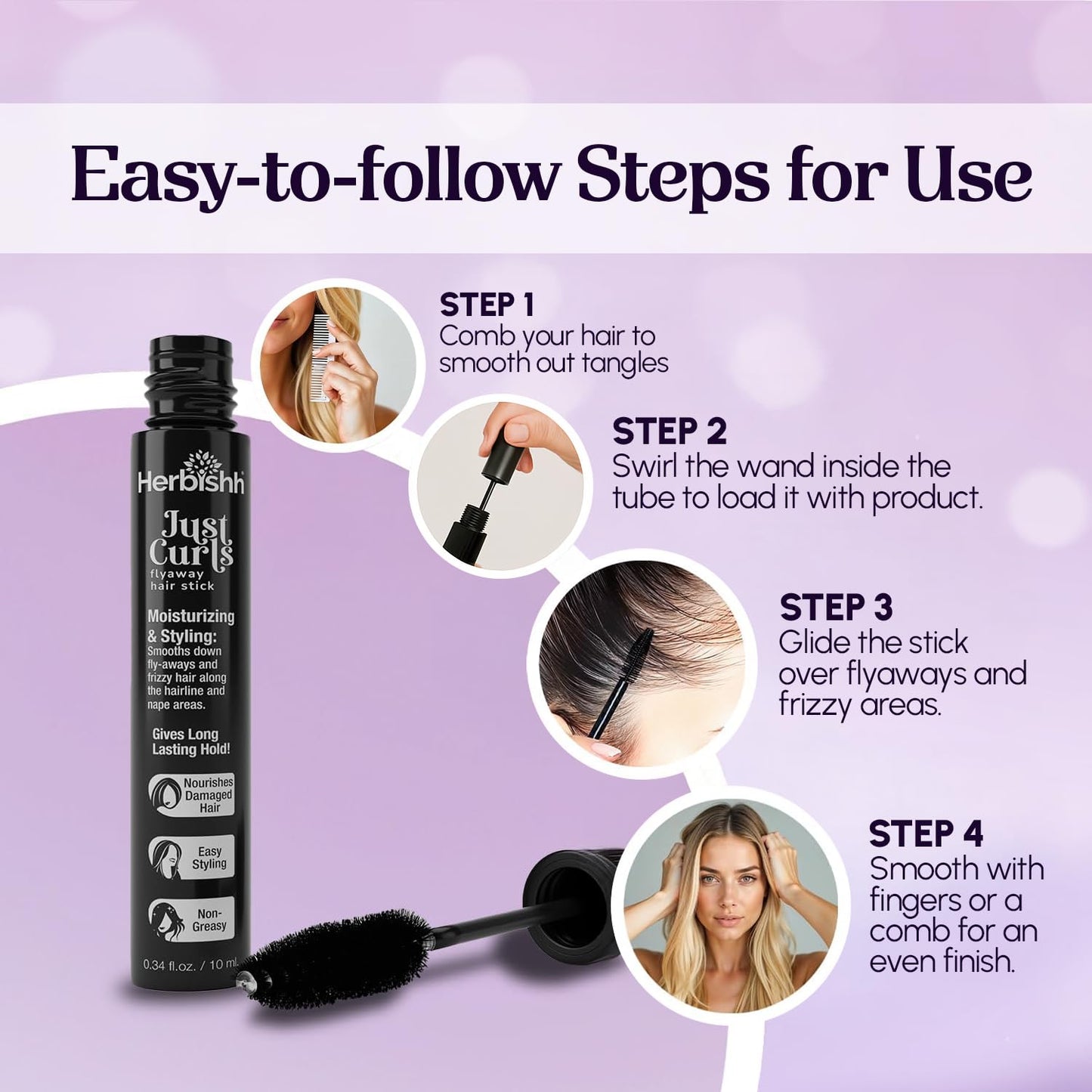 Herbishh Just Curls Flyaway Hair Stick, Quick Hair Finishing Stick for Flyaways, Frizz Control, & Slick Back Look, Non-Greasy Smoothing Serum & Frizz