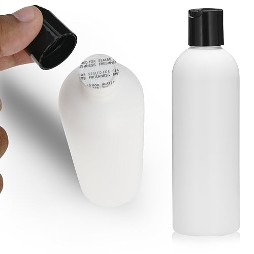 25 PCS Empty White HDPE Bottle 8oz - Cosmo Round Plastic Bottles - 24/410 Neck Black Disc Cap - 24 mm Foil Pressure Seal for Freshness and Leak