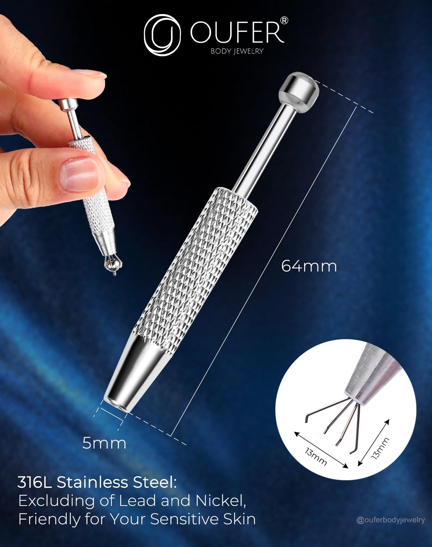 OUFER Piercing Ball Grabber Tool for Changing Piercing Jewelry, 316L Surgical Steel Internally Threaded Push Pin External Thread Assistant Body Beauty and Personal Care OUFER