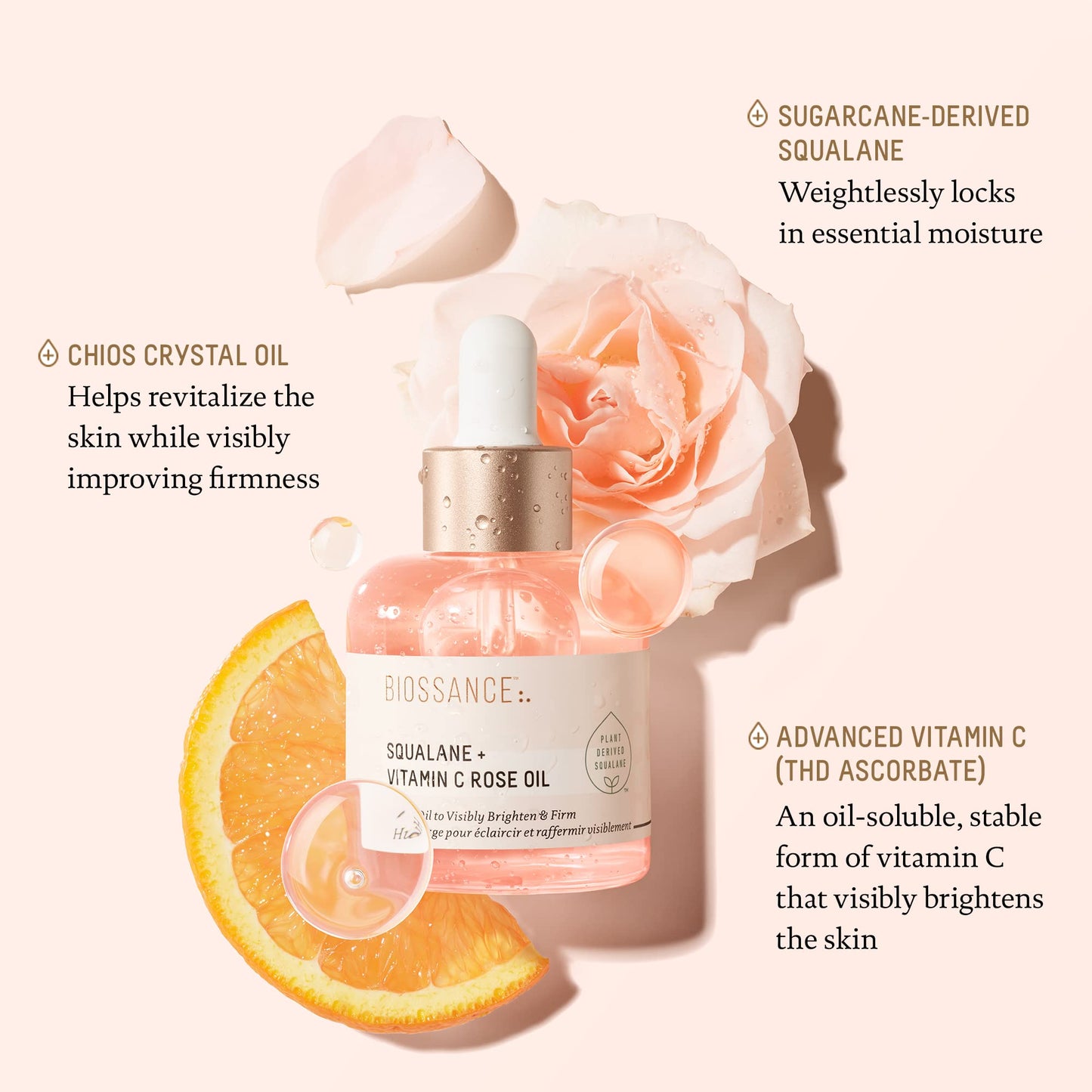 BIOSSANCE Squalane + Vitamin C Rose Advanced Facial Oil - Brightening, Firming, and Hydrating Serum for All Skin Types - Chios Crystal Oil, Damascus