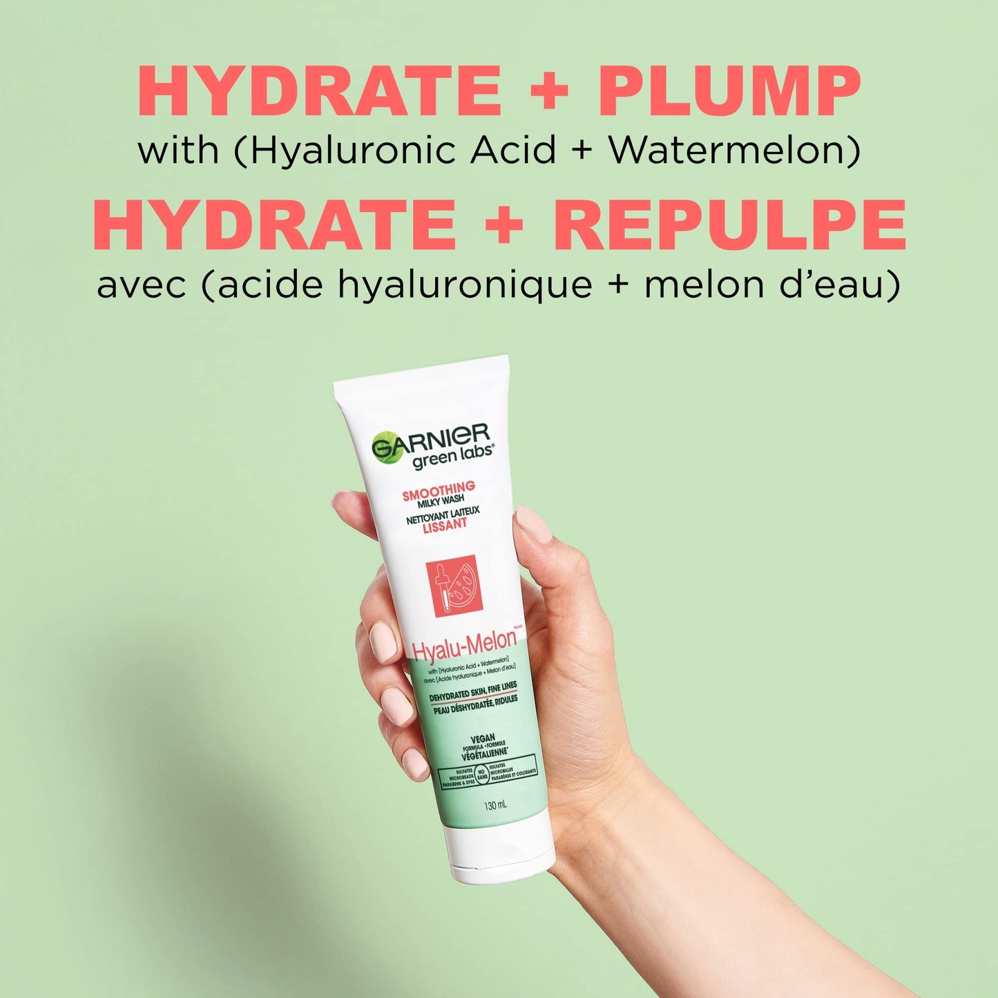 Garnier SkinActive Green Labs Hyalu-Melon Smoothing Milky Washable Cleanser with Hyaluronic Acid + Watermelon for Dehydrated Skin, Fine Lines