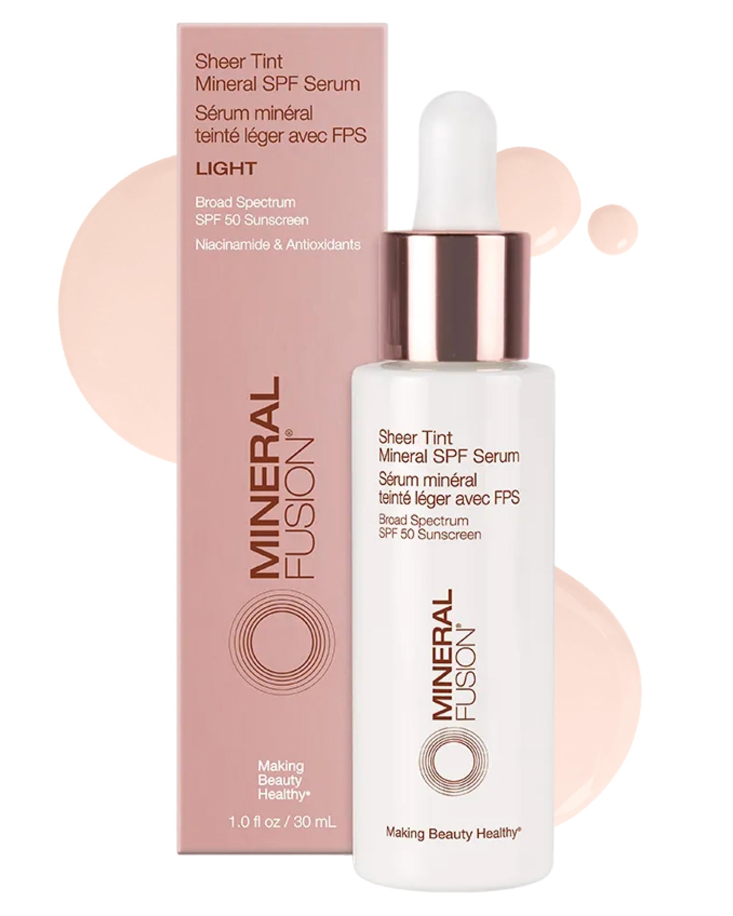 Mineral Fusion Sheer Tint SPF Face Serum (Light) - Tinted Broad Spectrum SPF 50 Mineral Zinc Oxide Sunscreen - Sheer Coverage Makeup, Lightweight & Dewy Finish - With Niacinamide, Aloe Vera - 1 Fl Oz