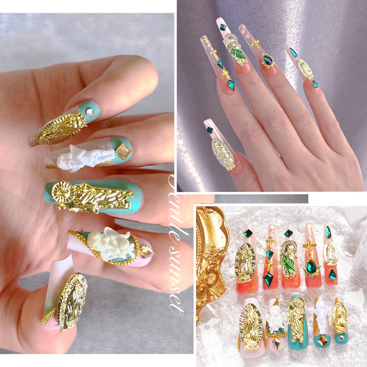 San Judas Virgin Mary Cross 3D Nail Charms Angel Gold Alloy Metal Rhinestones for Acrylic Nail Art Religious Gems Jewels Vintage Manicure Accessories