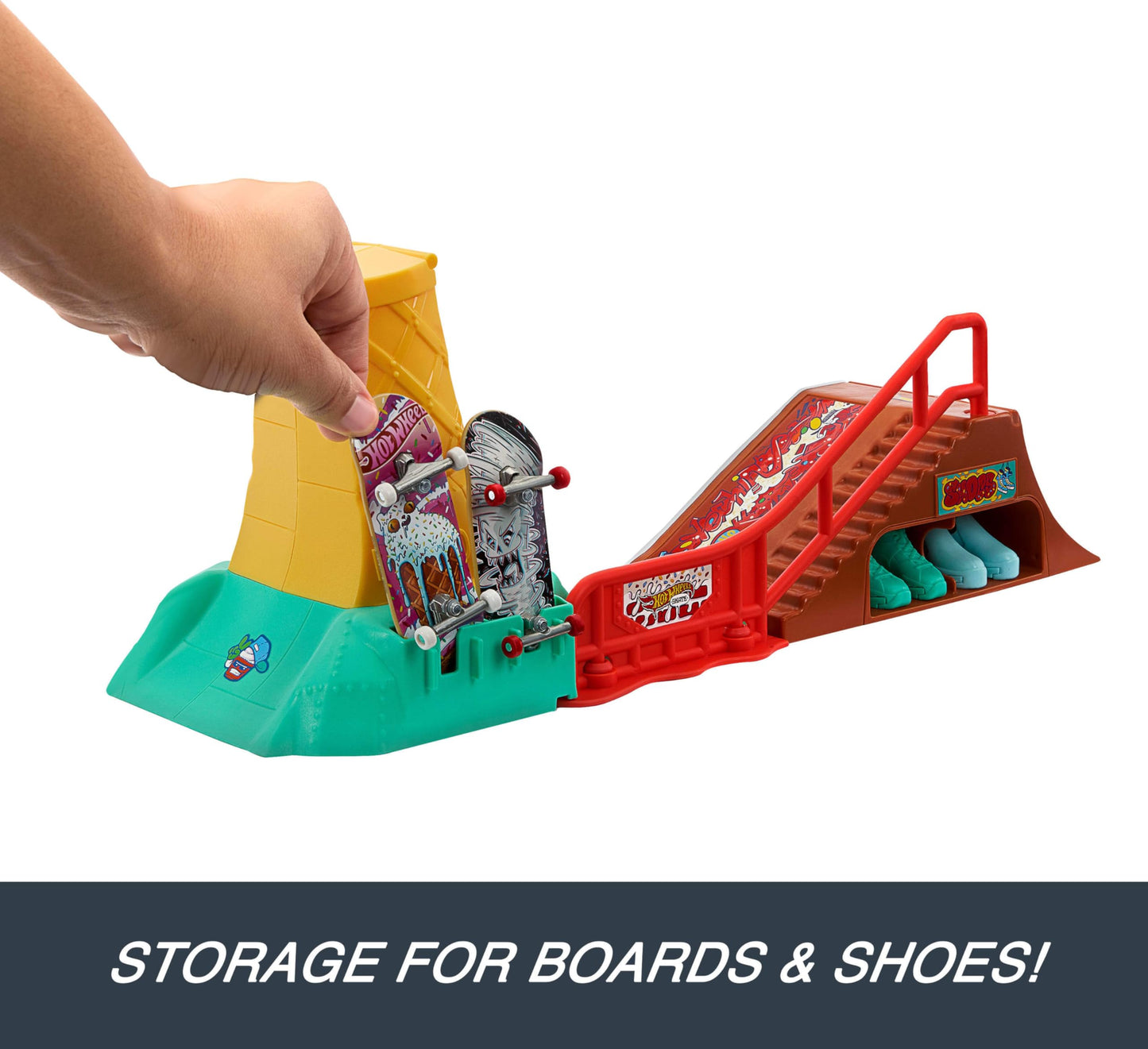 Hot Wheels Skate Fingerboard Playset with 1 Exclusive Finger Skateboard & Pair of Removable Skate Shoes, Dessert-Themed with Built-in Storage