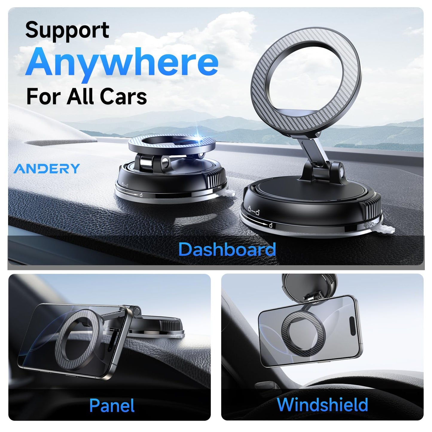 ANDERY Car Phone Holder for Magsafe [78+LBS Strongest Suction & 2400gf Magnetic] 360° Adjustable Car Phone Mount, Phone Holders for Your Car…