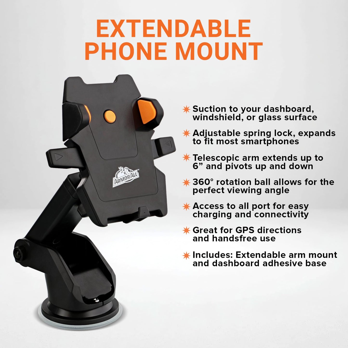 Armor All Phone Mount for Cars, Suction Dashboard & Windshield Phone Holder, 6 Inch Extendable Arm, 360° Rotation, Fits iPhone Max, Android, and All…