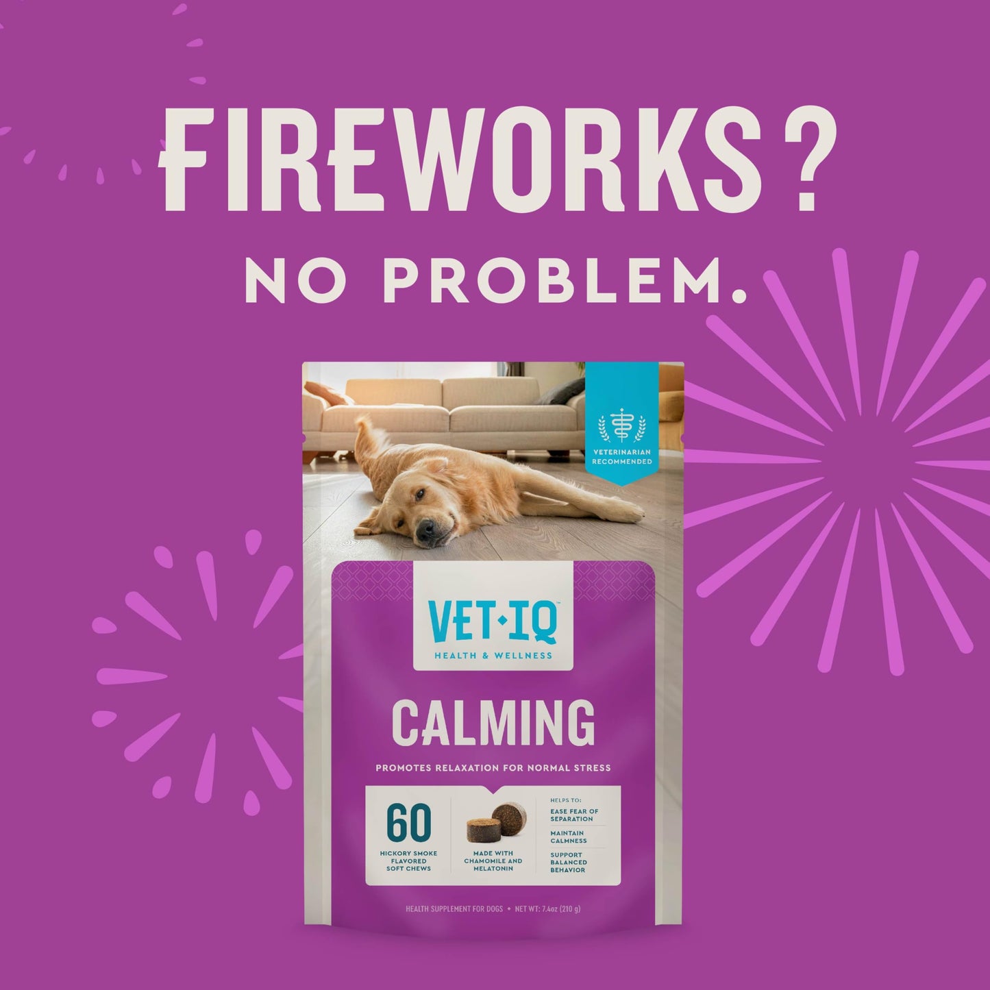 VetIQ Calming Support Supplement for Dogs, Calming Chews Help Manage Stress and Promote Relaxation, Anxiety Relief for Dogs, Made in The USA, 60 Count