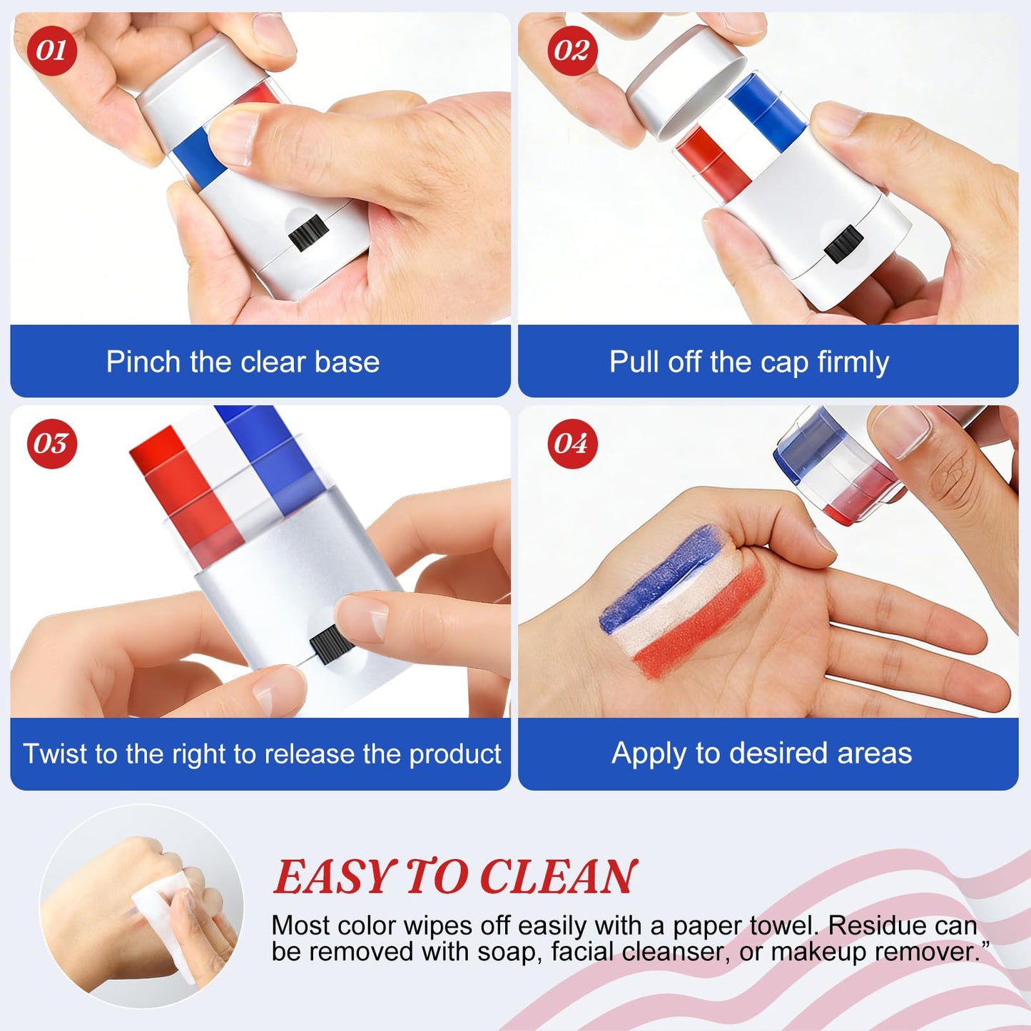 4 Pack Red White Blue Face Paint, USA Flag Color Stripe Stick, Patriotic Face Body Painting for Sports Parties, 4th of July, Parades Accessories