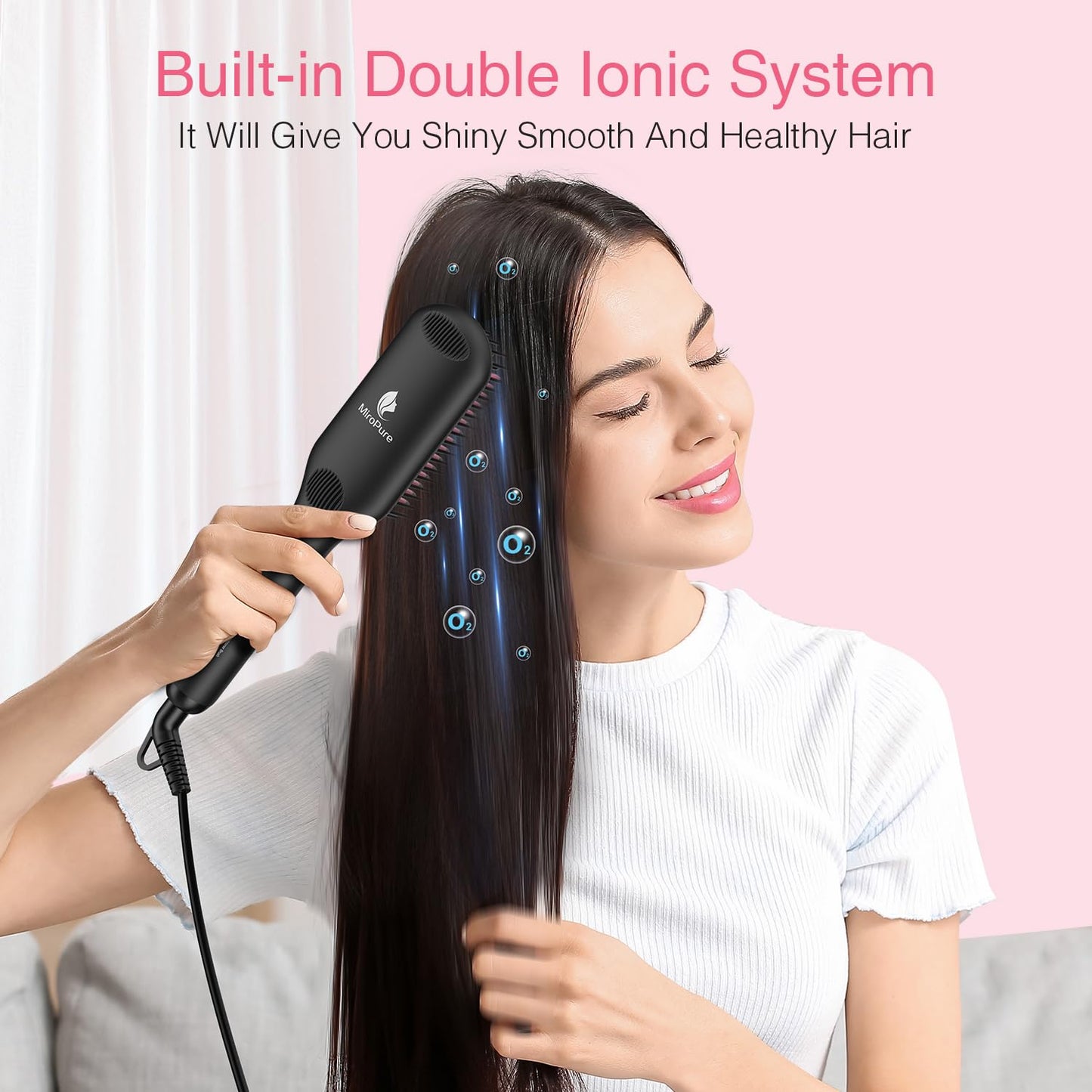 Enhanced Ceramic Hair Straightener Brush by MiroPure, 2-in-1 Ionic Straightening Brush with Anti-Scald Feature, Auto Temperature Lock & Auto-Off