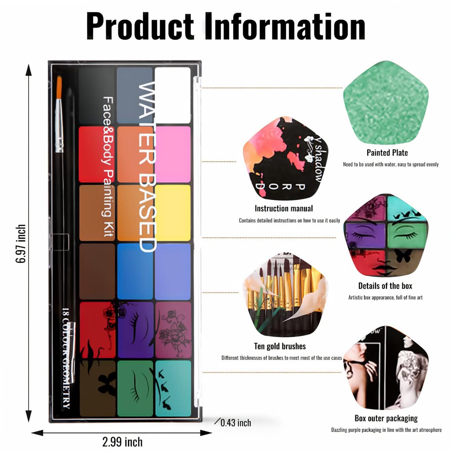 BRIMFULITE Face Painting Kit Non-toxic Body Paint Washable 18 Colors Facepaint Makeup Kit for Adults with 10 Face Paint Brushes for Halloween Party