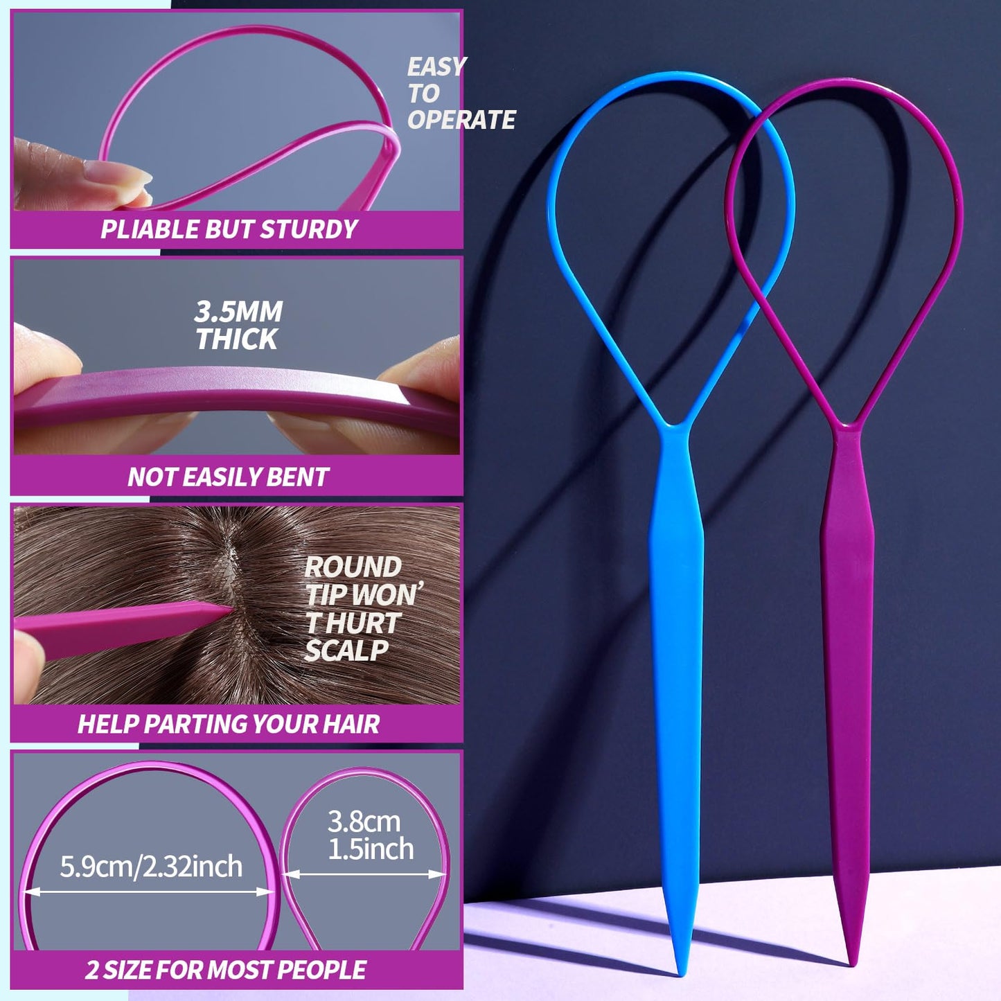 Teenitor 4pcs Pony Hair Tail Accessories, 2 Pairs French Braiding Tool, Turvy Styling Tool for Women Girls, Ponytail Pull Through Tool Purple/Blue Beauty and Personal Care Teenitor