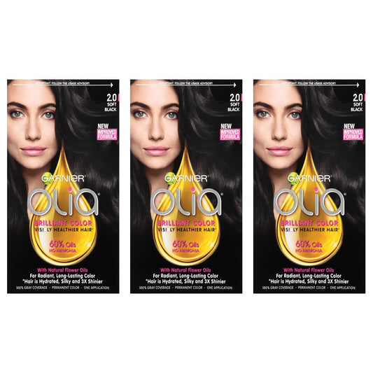 Garnier Olia Ammonia-Free Brilliant Color Oil-Rich Permanent Hair Color, 2.0 Soft Black (Pack of 3) Black Hair Dye (Packaging May Vary)