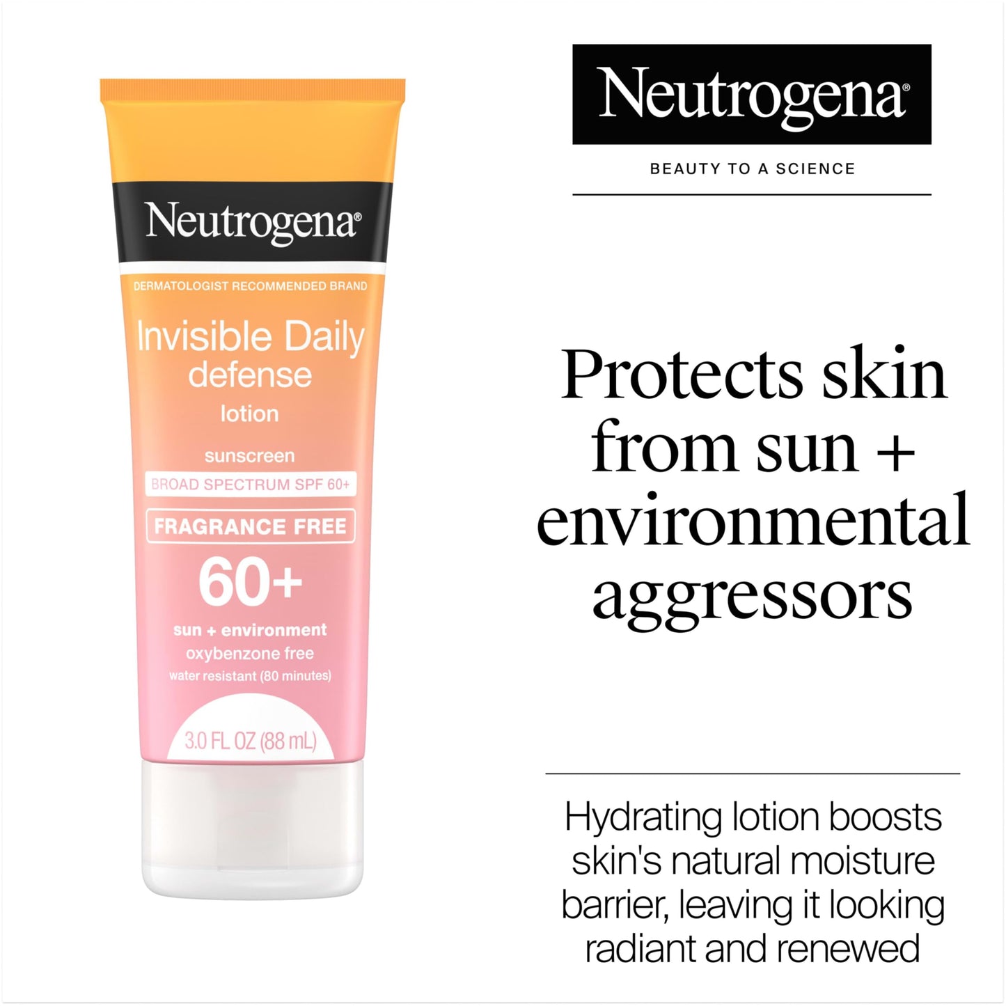 Neutrogena Invisible Daily Defense Fragrance-Free Sunscreen Lotion, Broad Spectrum SPF 60+, Oxybenzone-Free & Water-Resistant, Sun & Environmental