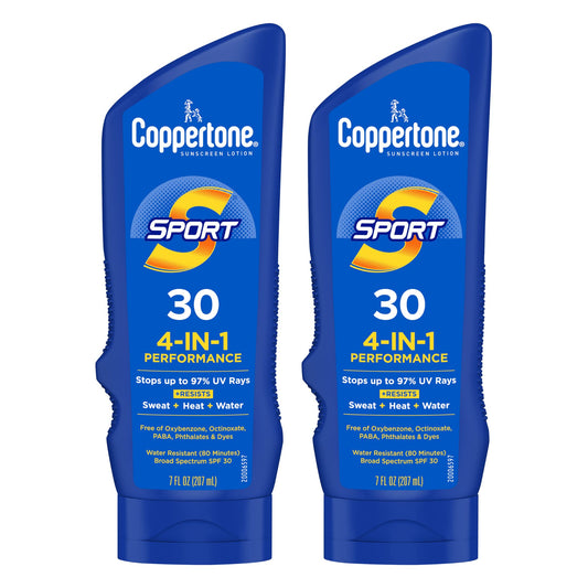 Coppertone Sport Sunscreen Lotion SPF 30, Sweat, Heat and Water Resistant Sunblock, Lightweight, Oxybenzone Free, Sunscreen Twin Pack, 7 Fl Oz Bottle