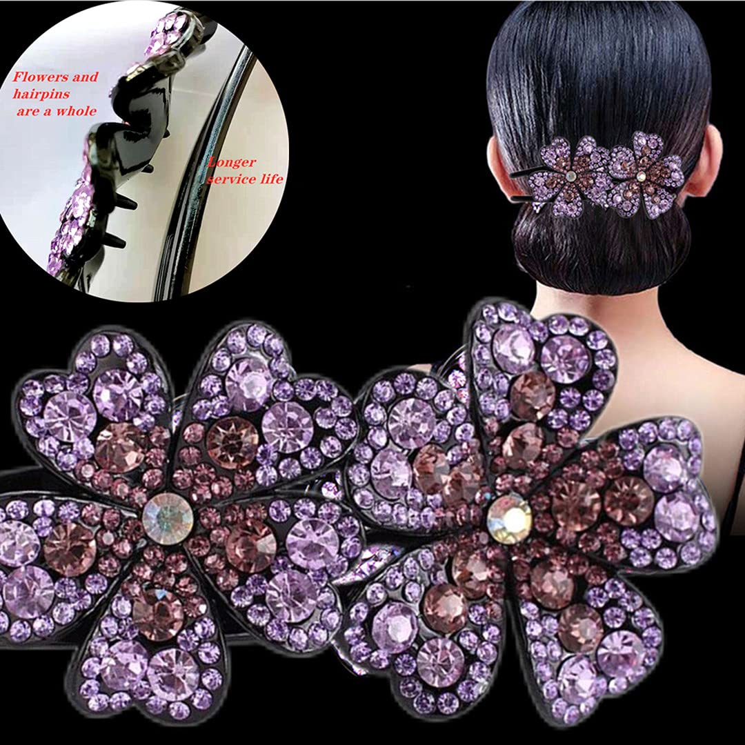 5 Pcs double flower decorative jeweled rhinestone hair clip pretty fancy floral thick crystal hair clips for women beautiful fashion designer asian