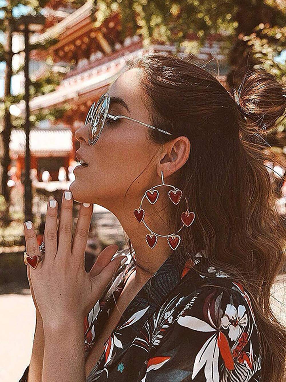 Doubnine Large Hoop Earrings Red Heart Circle 80s Silver Dangle Earrings Wedding Bridal Love Sweet Bohemian Jewelry for Women Girls