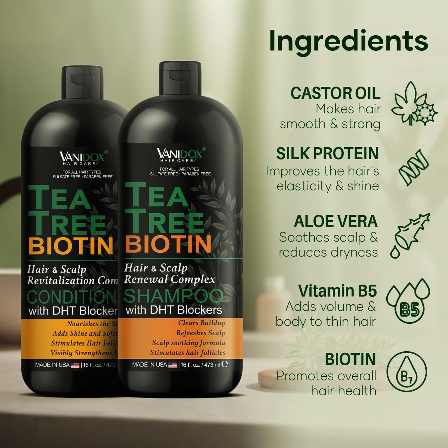 Tea Tree Oil Shampoo and Conditioner Set with Biotin, DHT Blockers, Itchy Scalp Relief, Supports Thicker-Looking Hair, Cleanses Dandruff & Buildup