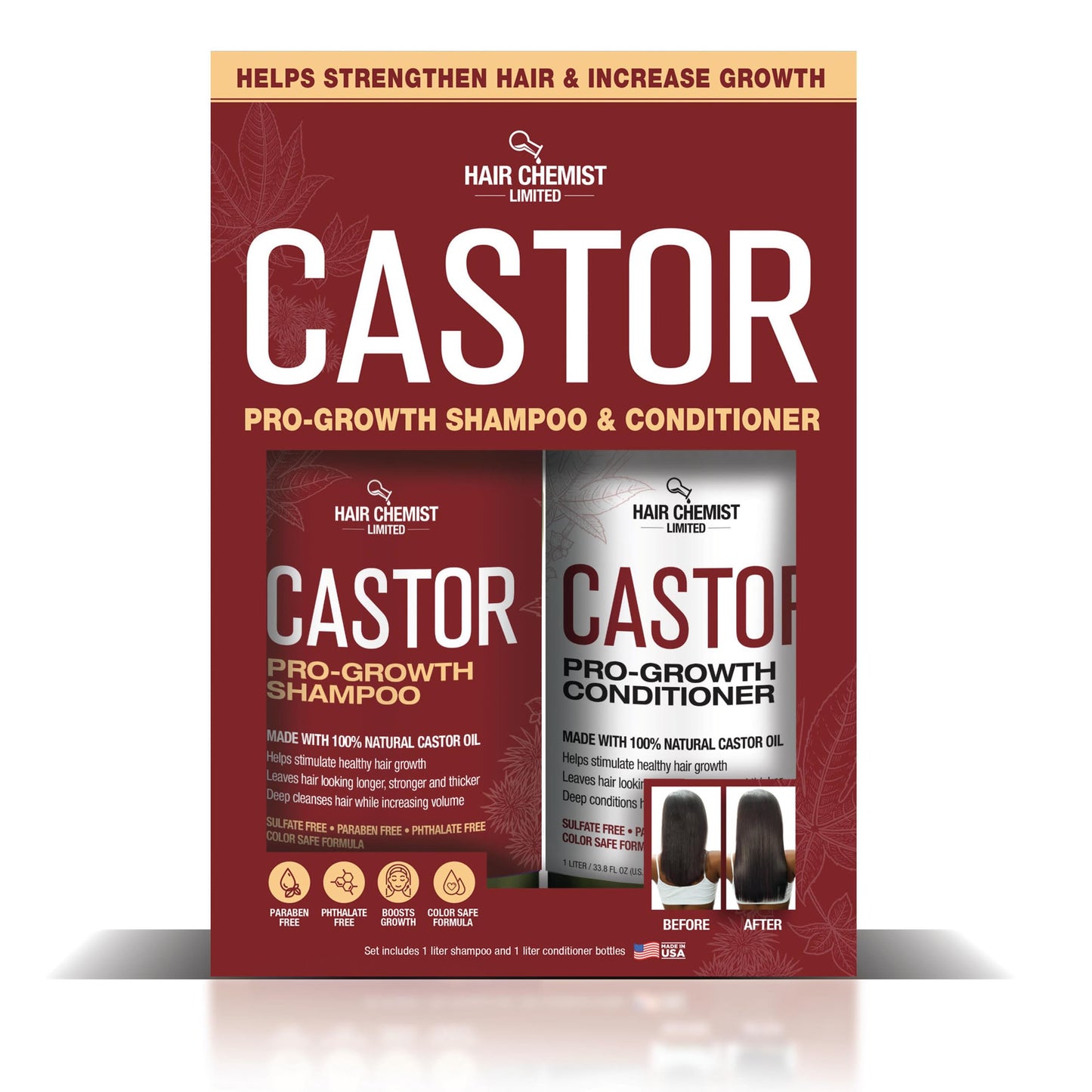 Hair Chemist Castor Pro-Growth Shampoo 33.8 oz. AND Conditioner 33.8 oz. 2-PC Boxed Gift Set - Made with Natural Castor Oil for Hair Growth, Sulfate