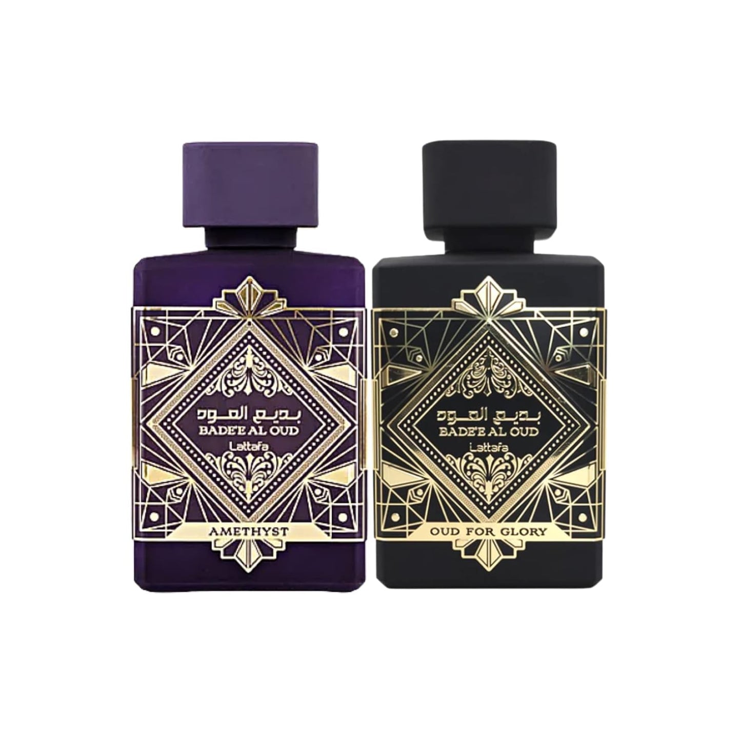 Lattafa Bade'e Al Oud 2-Piece Set for Unisex, (3.4 Oz Amethyst Eau De Parfum Spray + 3.4 Oz Oud for Glory Eau De Parfum Spray)