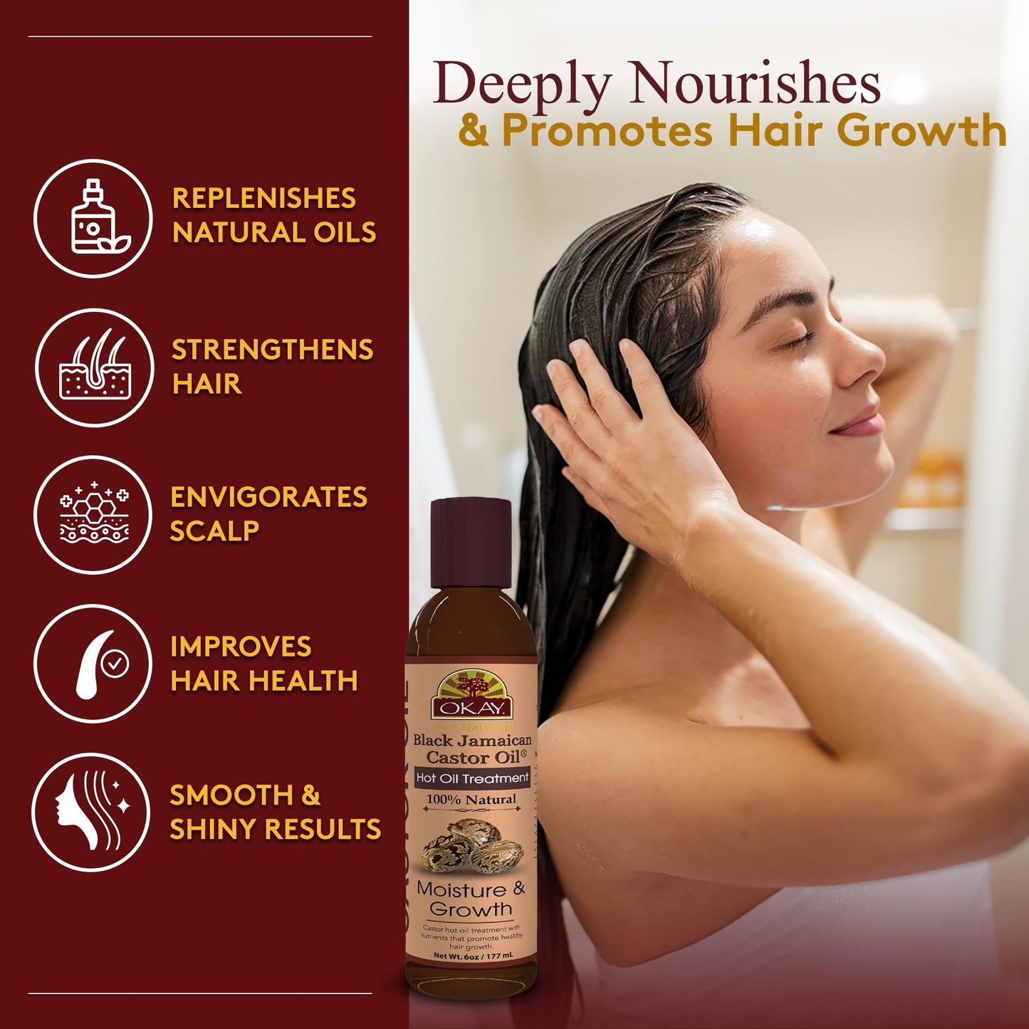 OKAY 100% Natural Black Jamaican Castor Hot Oil Hair Treatment - Castor Oil for Dry Damaged Frizzy Hair, Pure Therapy Blend with Jojoba for Men