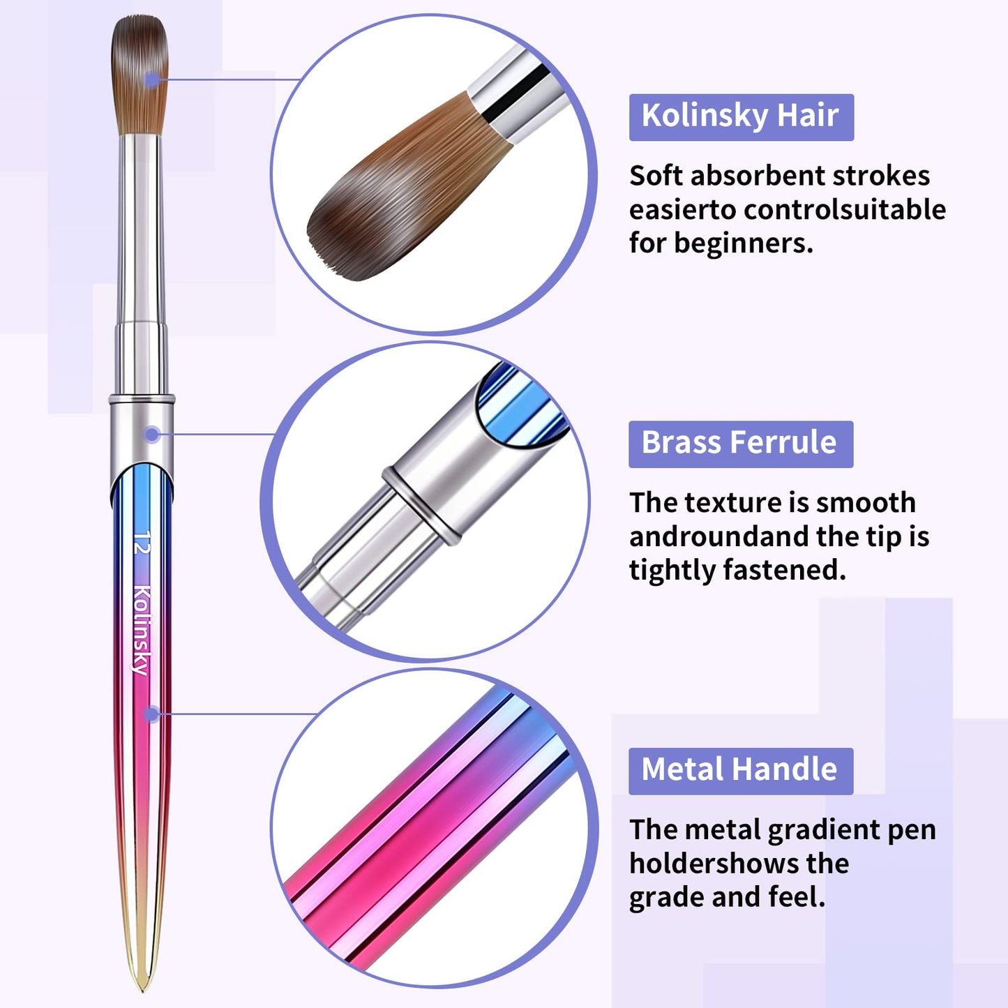 100% Kolinsky Acrylic Nail Brush,3D Pure Handmade Round Shape Size 12 Nail Brushes for Acrylic Application, Professional Nail Art Brush Manicure