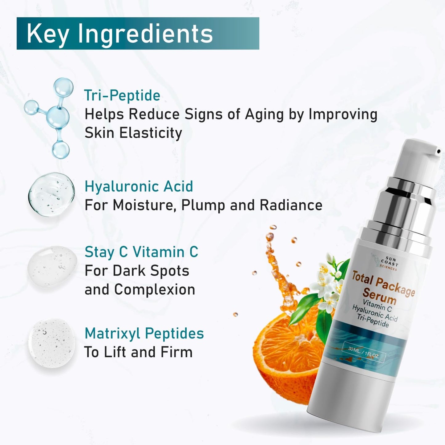 Sun Coast Sciences - Total Package Serum - Vitamin C Serum with Hyaluronic Acid & Peptides for Face - Hydrating Anti Aging Face Serum for Smoother Beauty and Personal Care SUN COAST SCIENCES
