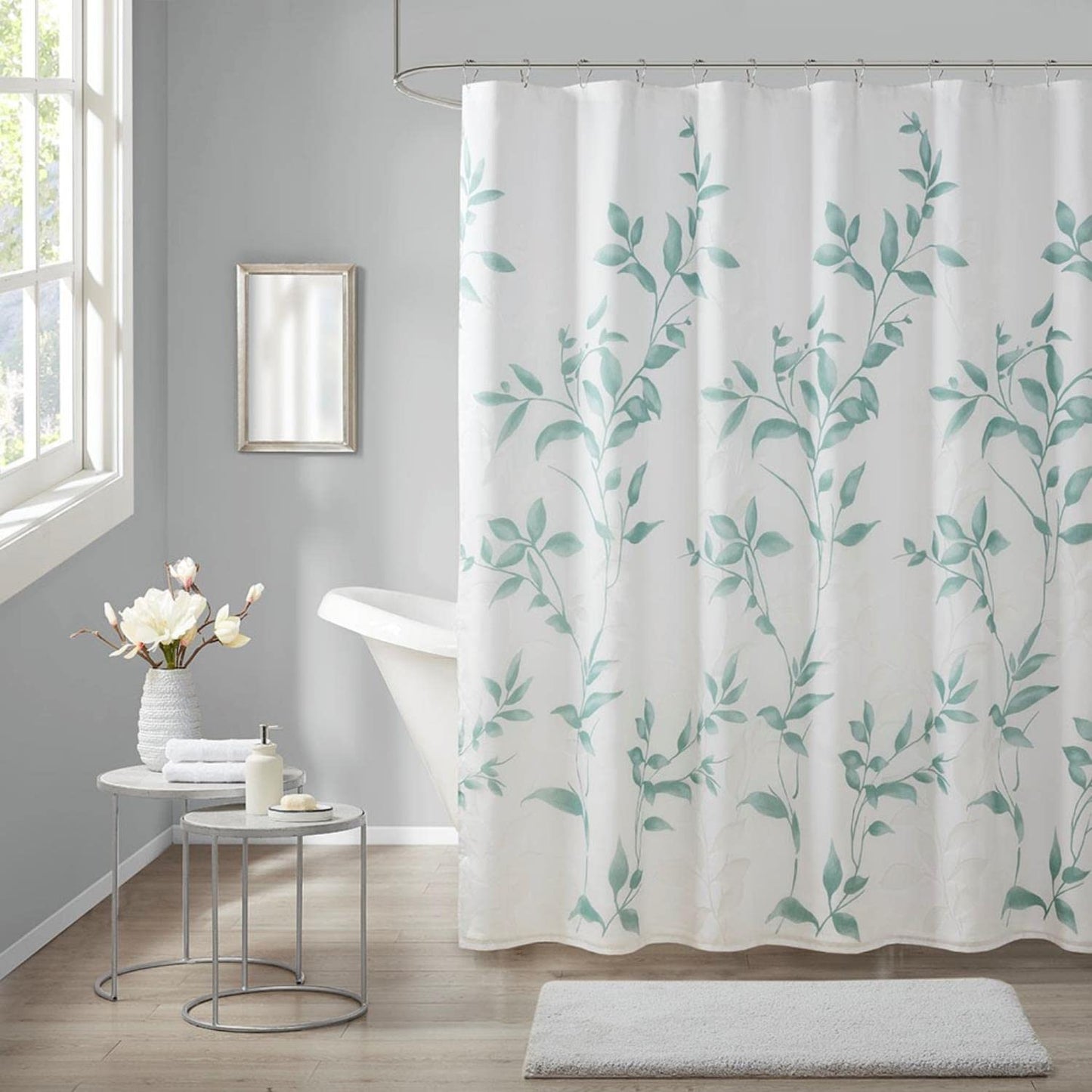 Madison Park Cecily Shower Curtain, Luxurious Botanical Leaf Print, Modern Serene Bathroom Décor, Machine Washable Bath Privacy Screen, 72x72, Seafoam
