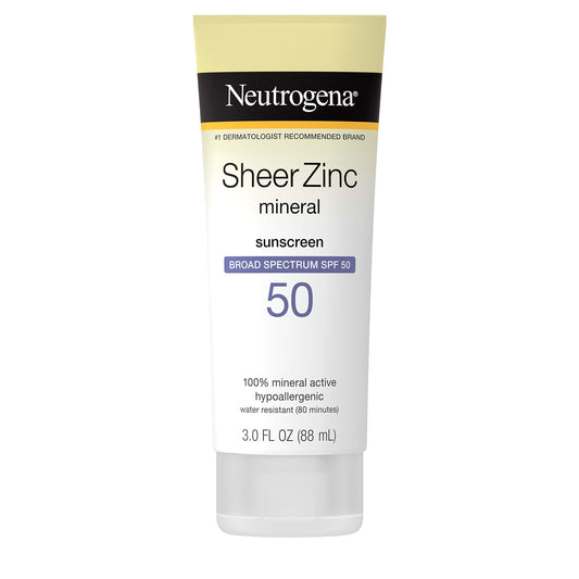 Neutrogena Sheer Zinc Oxide Dry-Touch Sunscreen Lotion with Broad Spectrum SPF 50, Water-Resistant, Hypoallergenic & Non-Greasy Mineral Sunscreen, 3