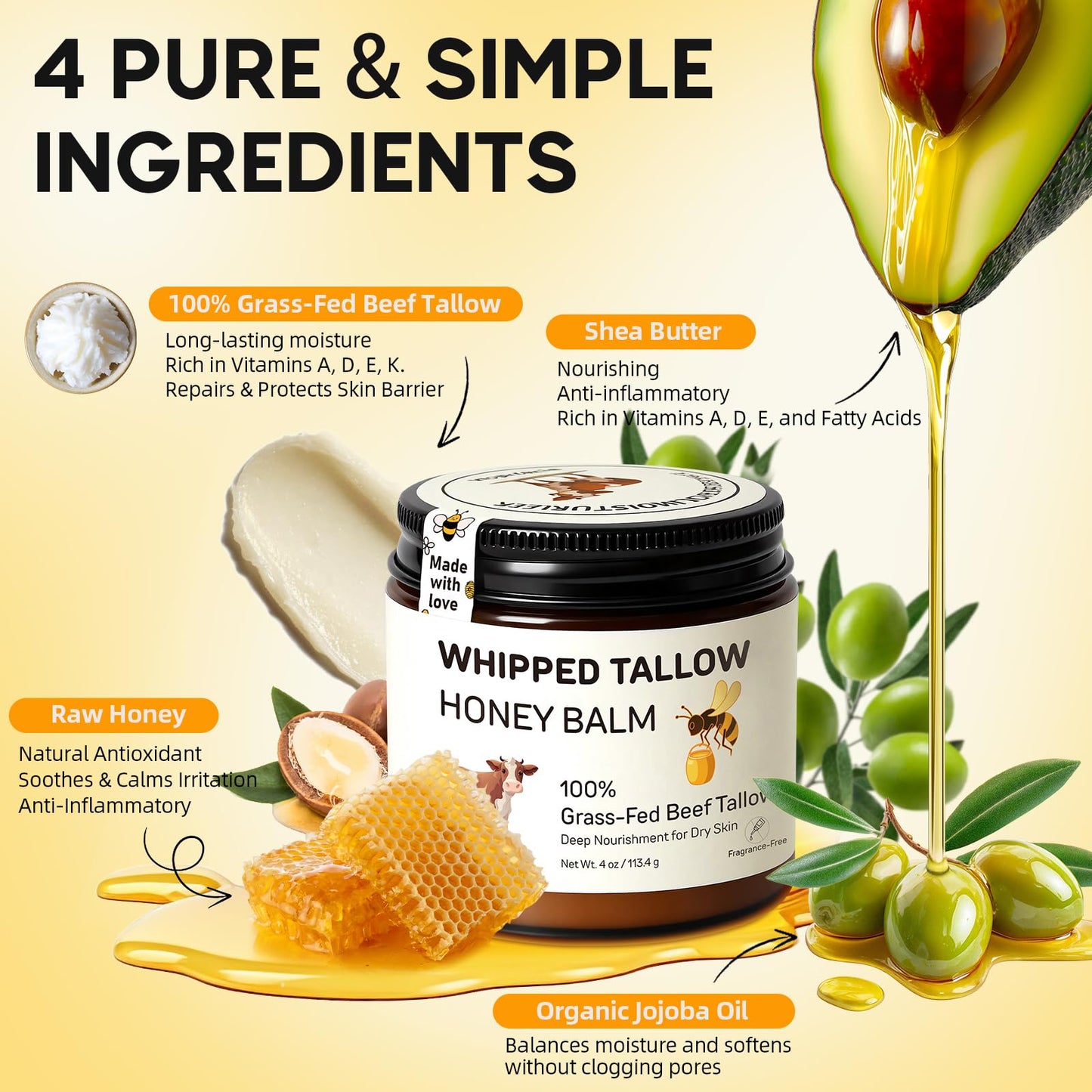 Starwise Beef Tallow for Skin, 100% Grass-Fed Whipped Beef Tallow and Honey Balm, Moisturizer for Face & Body, Natural Formula with Organic Jojoba