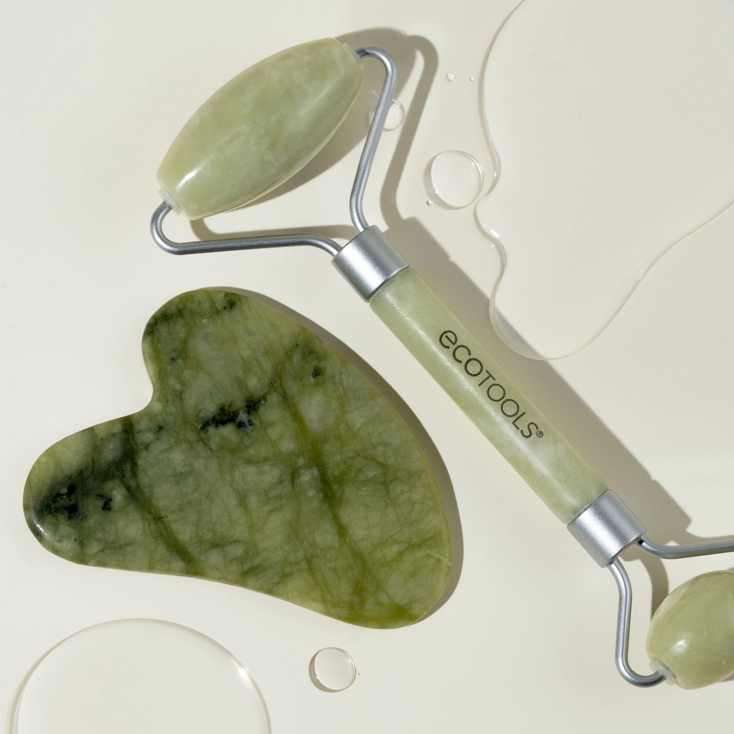 EcoTools Beauty Skin Care Tool Jade Facial Roller and Gua Sha Stone Duo, Face Roller and Massager, Skincare and Sculpting Tools, Green, Promotes
