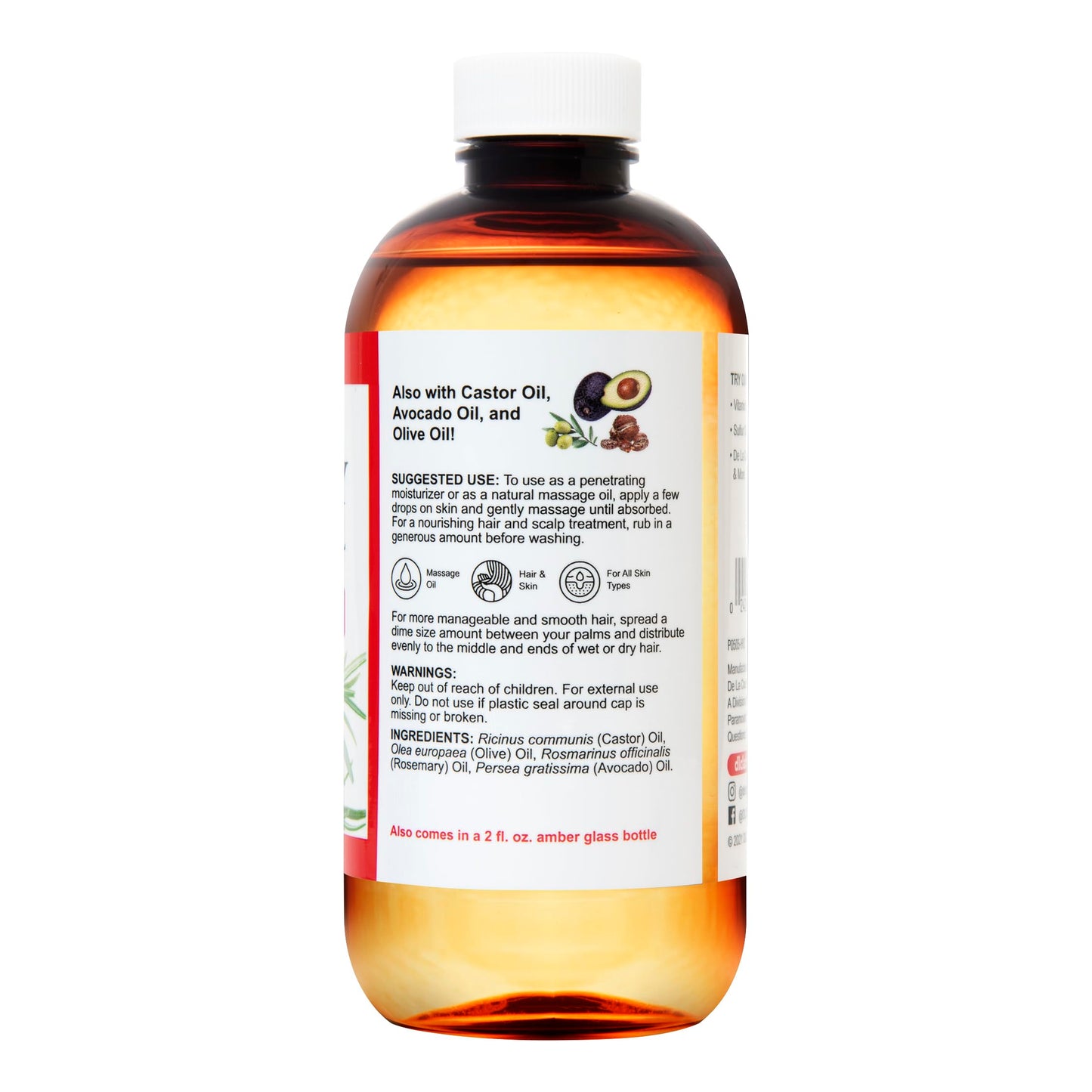 De La Cruz Rosemary Oil Blend Moisturizer with Castor, Avocado and Olive Oil - Topical Use Only 8 FL. OZ. (236 mL)