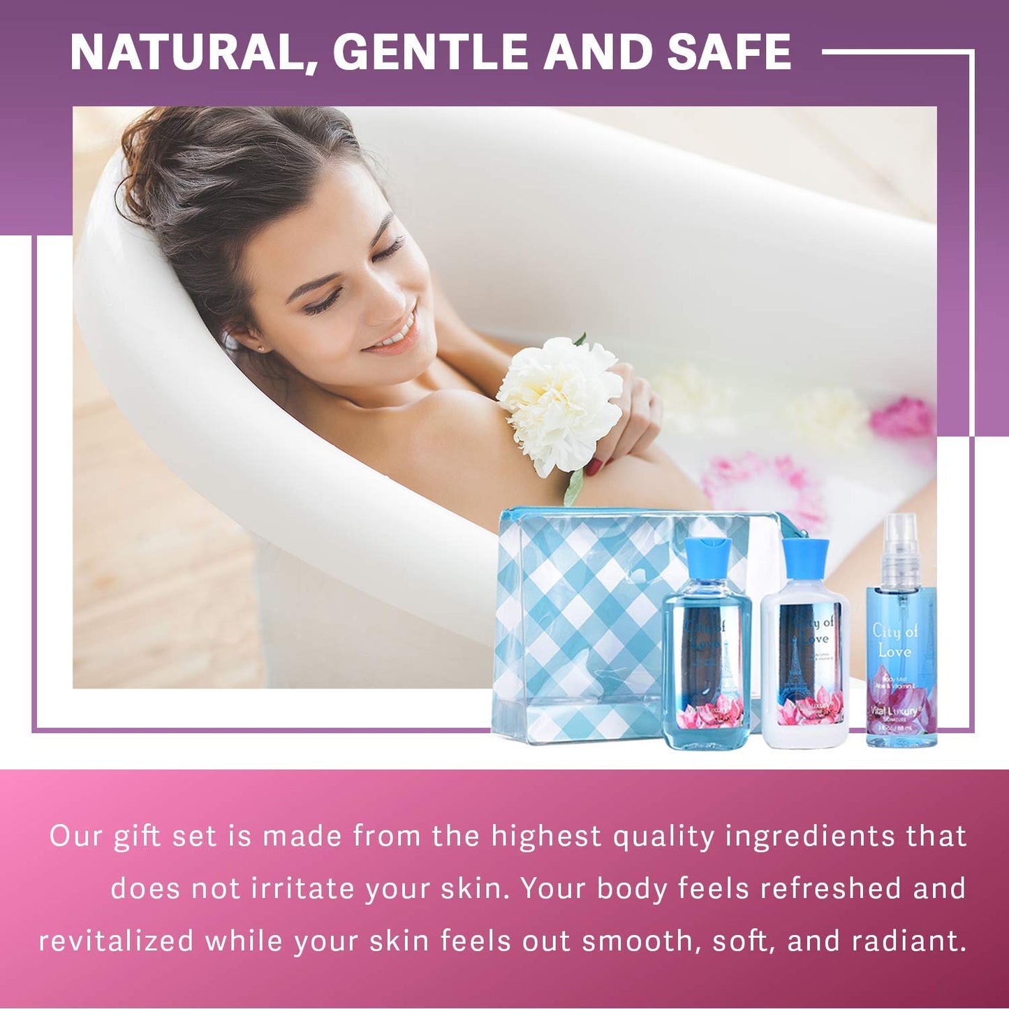 Vital Luxury Bath & Body Care Travel Set - Home Spa Set with Body Lotion, Shower Gel and Fragrance Mist, Personal Body Care Travel Set (City of Love)