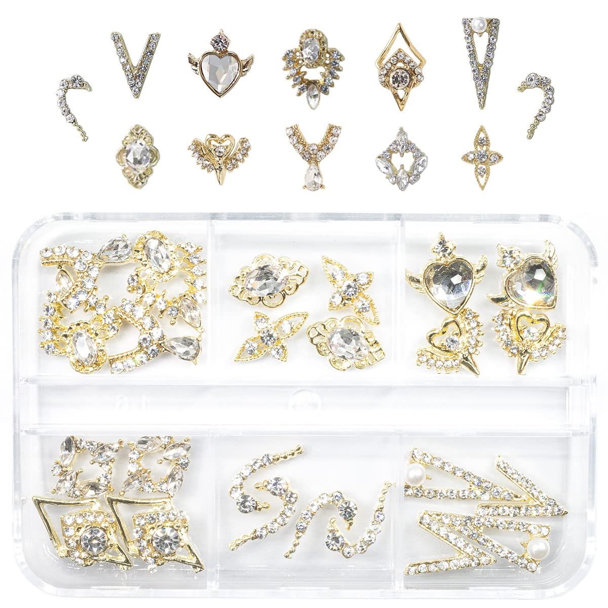 qiipii 12 Pair 3D Alloy Gold Nail Art Rhinestones - Heart Shaped Nail Charms, Golden Nail Crystal Diamonds Jewelry Stones Studs for Nails Decor Crafts
