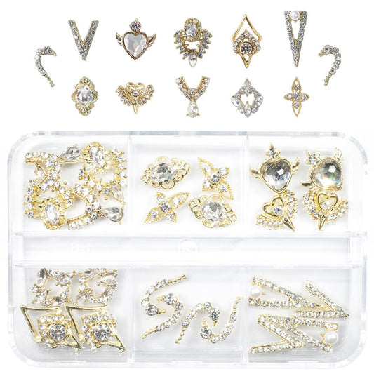 qiipii 12 Pair 3D Alloy Gold Nail Art Rhinestones - Heart Shaped Nail Charms, Golden Nail Crystal Diamonds Jewelry Stones Studs for Nails Decor Crafts