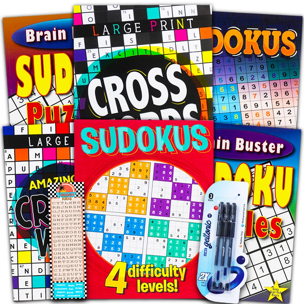 6-Book Puzzle Bundle – Jumbo Sudoku & Crossword Books with 550+ Puzzles for Adults & Seniors, Includes Pens & Bookmark
