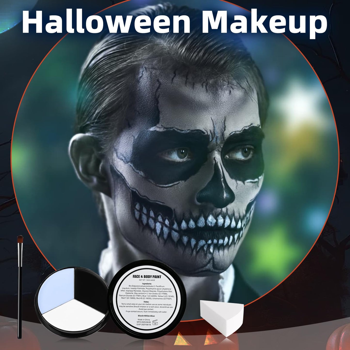 VPCRT6 White Black Blue Halloween Face Body Paint with 3PCS Sponge and 1PC Brush, for Baseball, Sports(Eye Black) & Halloween, Face Painting Kit