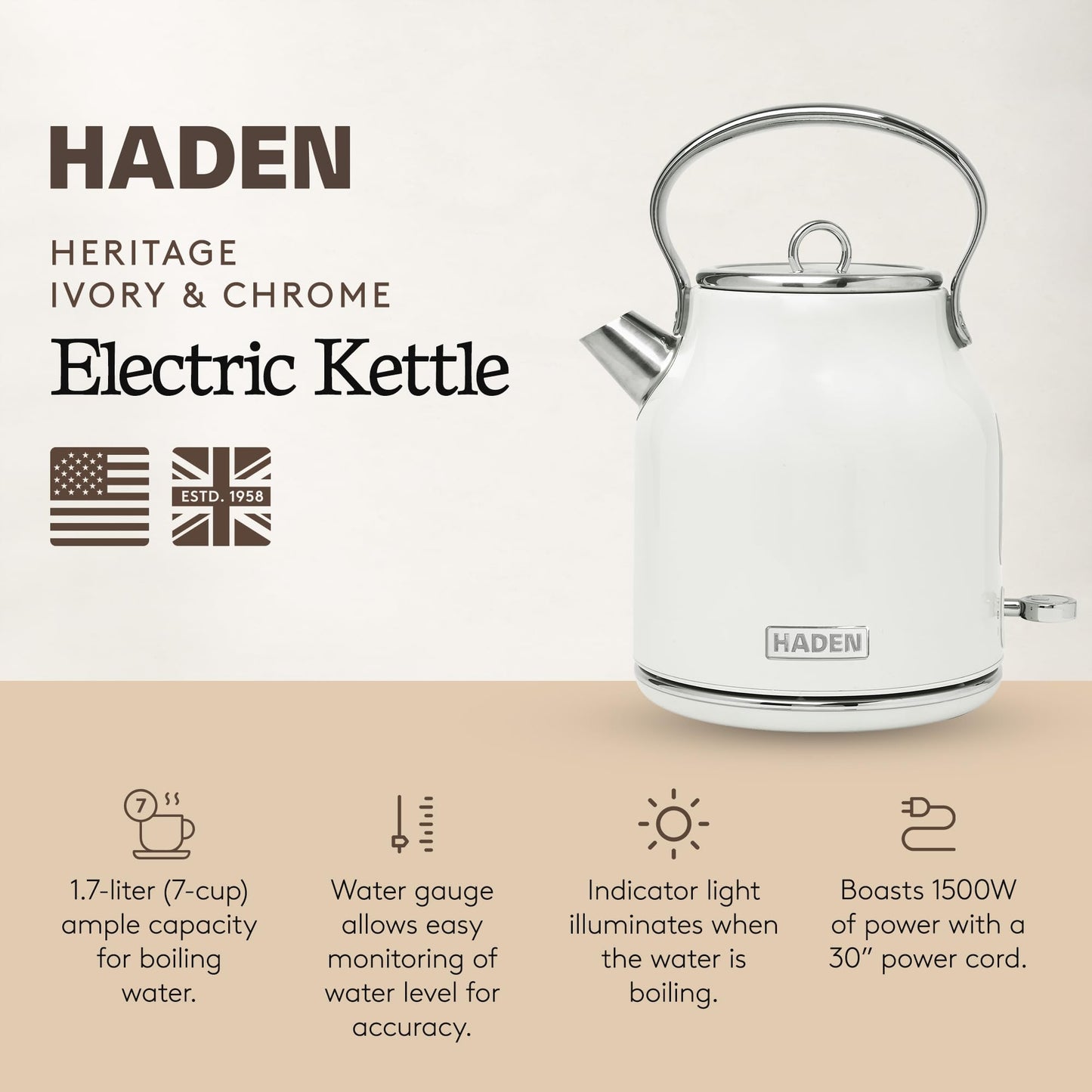 Haden Heritage 1.7 Liter Stainless Steel Electric Kettle, Hot Water Kettle with 360-Degree Base and Auto Shutoff, Ivory & Chrome