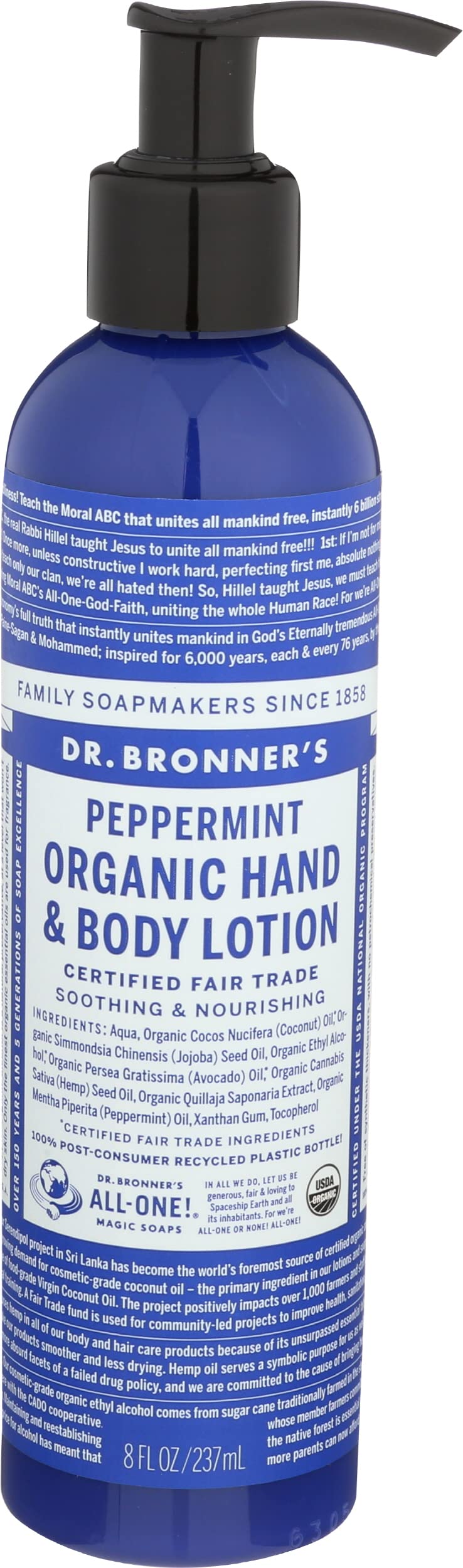 Dr. Bronner's & All-One Organic Lotion for Hands & Body, Peppermint, 8-Ounce Pump Bottle