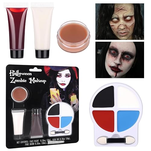 Zombie Makeup Kit - Professional SFX Makeup Set with 4 Color Face Body Paint, Liquid Latex, Fake Blood, Scar Wax for Halloween, Vampire, Clown Cosplay