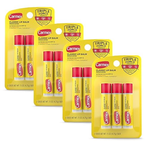 Carmex Classic Medicated Lip Balm Sticks, Lip Moisturizer for Chapped Lips, 12 Count (4 Packs of 3)