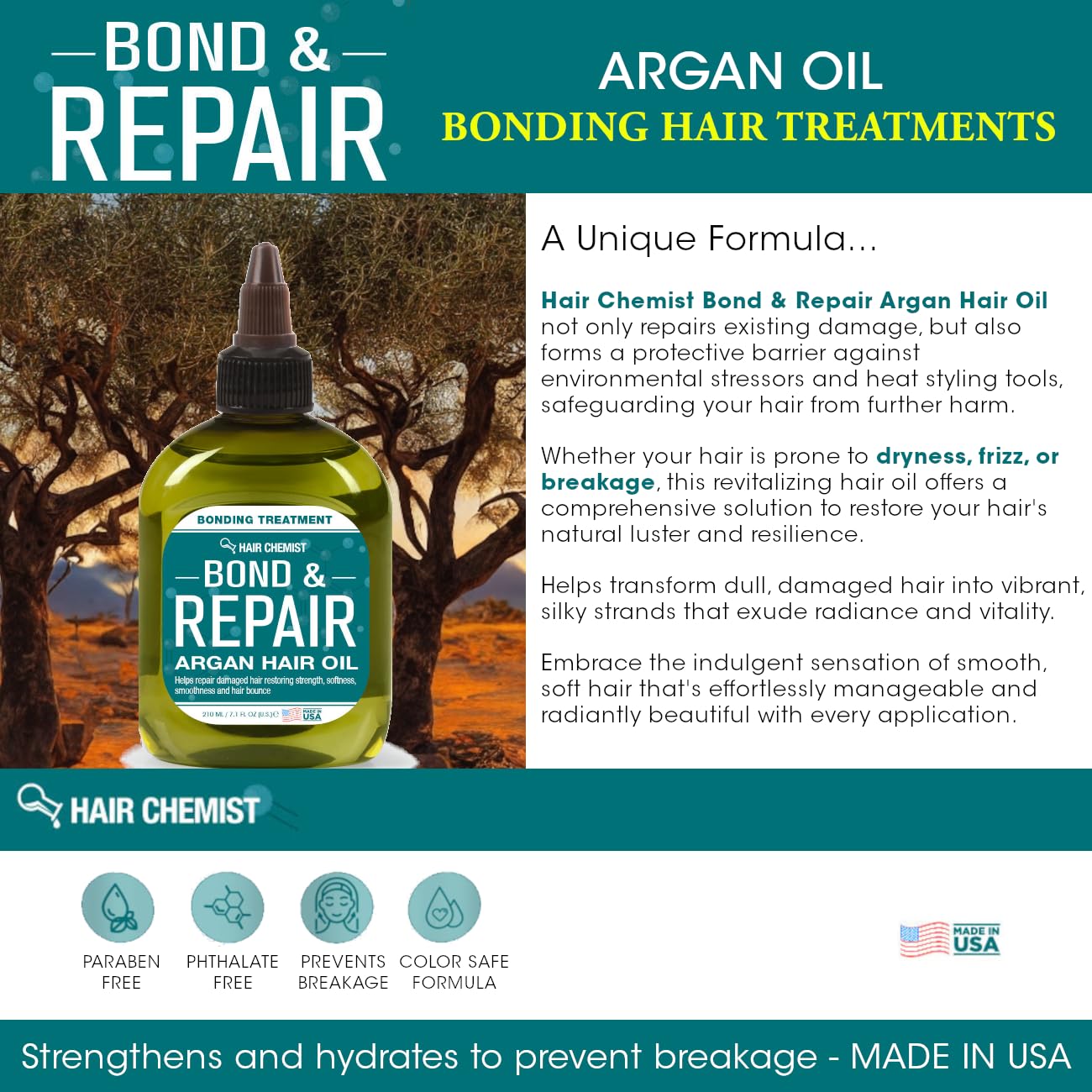 Hair Chemist Bond & Repair Argan Oil - Bonding Treatment for Damaged Hair, 7.1 Ounces