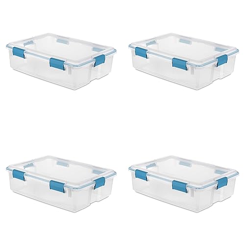 Sterilite 37 Qt Gasket Box, Stackable Storage Bin with Latching Lid and Tight Seal, Plastic Container to Organize Underbed, Clear Base and Lid, 4-Pack