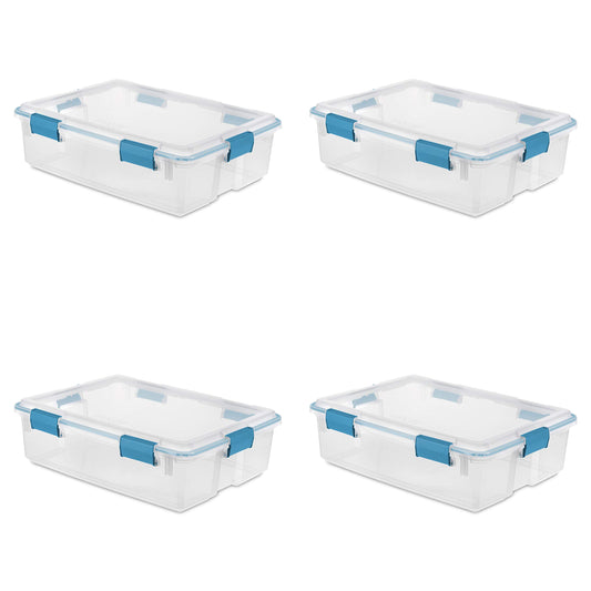 Sterilite 37 Qt Gasket Box, Stackable Storage Bin with Latching Lid and Tight Seal, Plastic Container to Organize Underbed, Clear Base and Lid, 4-Pack