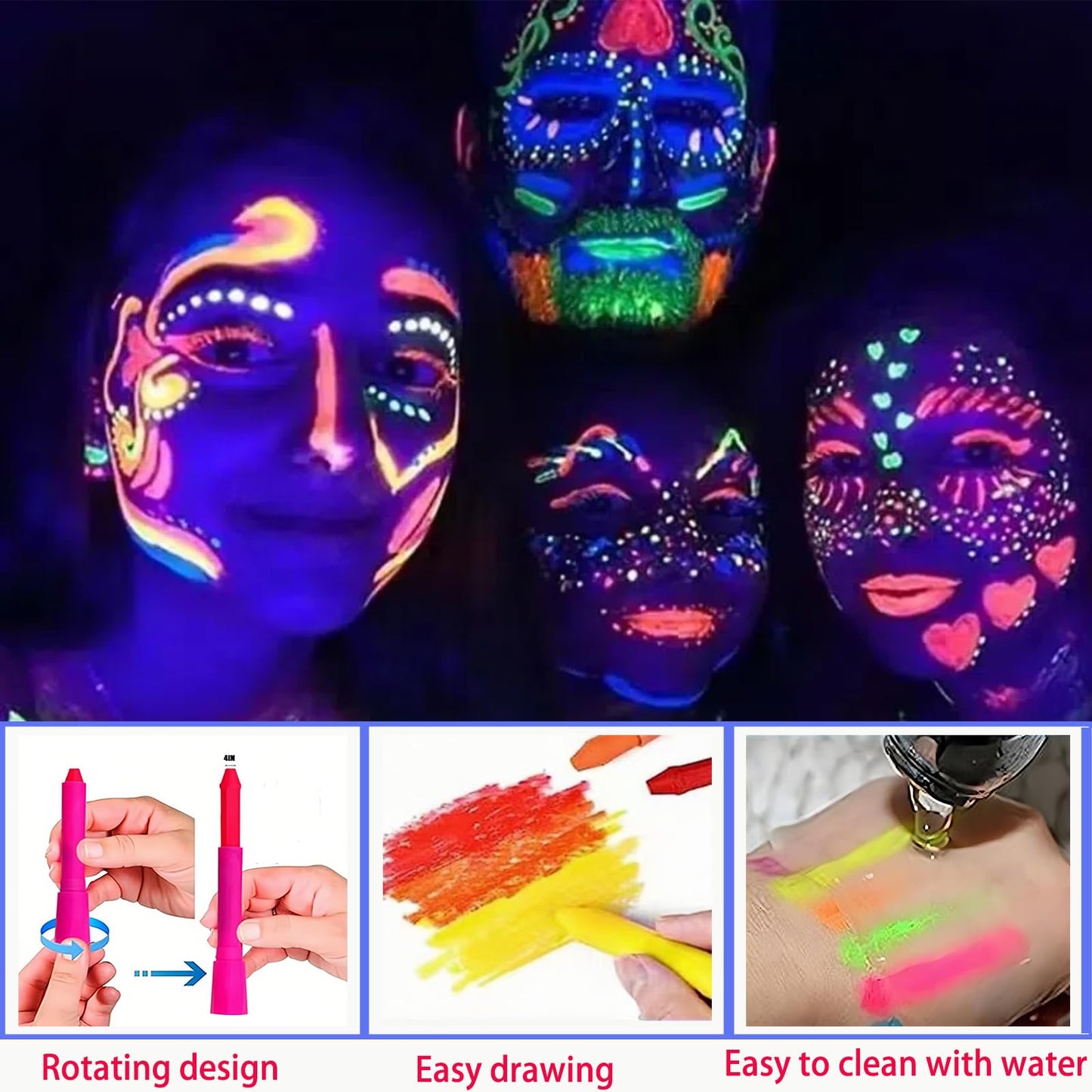 Glow In The Dark Body Paint, 6 PCS Glow In The Dark Under Uv Black Light Sticks Makeup Neon Face Painting Kits For Adult Halloween Festival Accessory