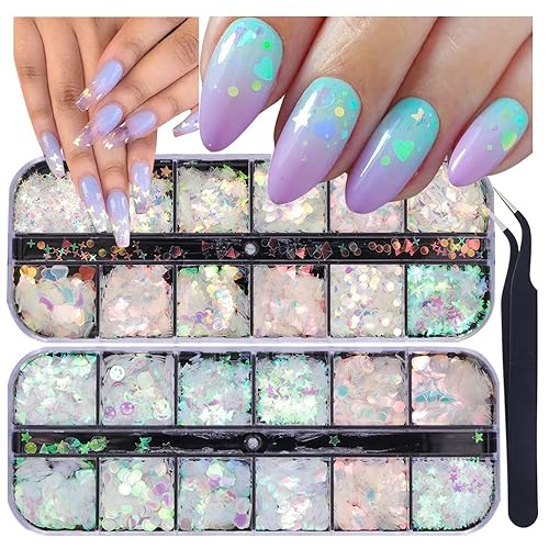 UARUOGP 24 Grids Holographic Nail Sequins and 1 Pcs Tweezers,Iridescent Mermaid Flakes Ultra-Thin Colorful Flakes Glitter Sticker,DIY Face Body Eyes