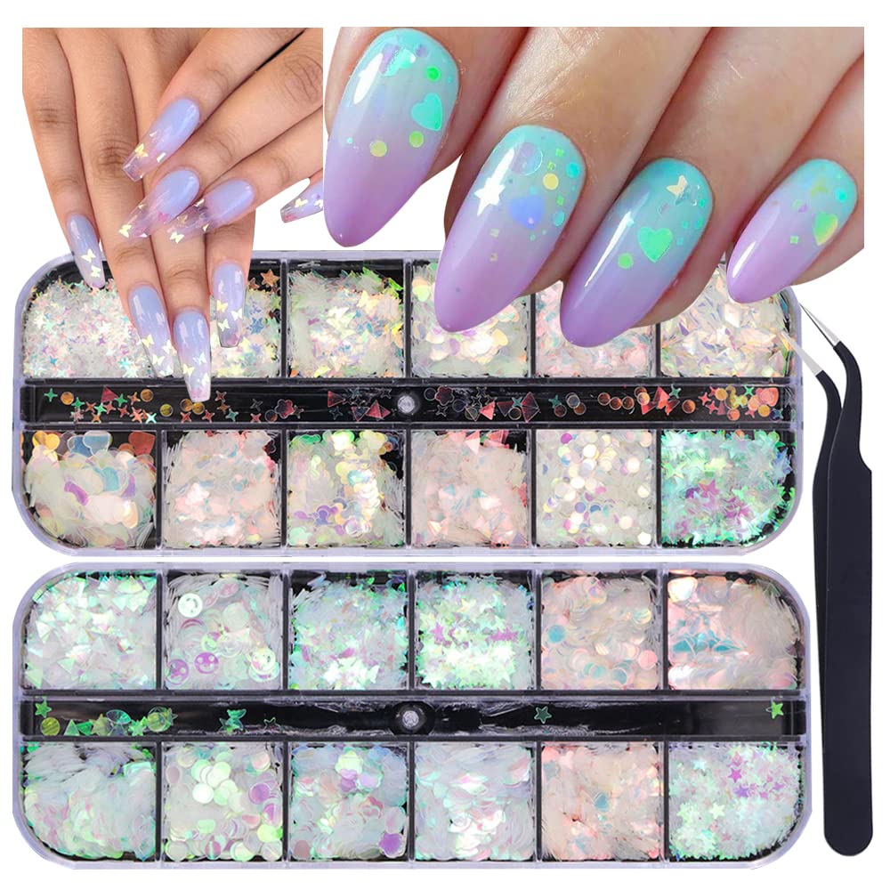 UARUOGP 24 Grids Holographic Nail Sequins and 1 Pcs Tweezers,Iridescent Mermaid Flakes Ultra-Thin Colorful Flakes Glitter Sticker,DIY Face Body Eyes